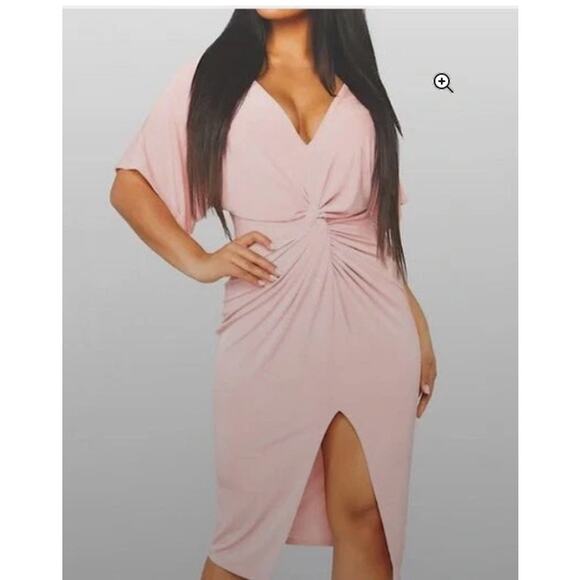 Women’s Pink Knot Front Midi Dress XL – Short Sleeve Slit - Picture 5 of 5
